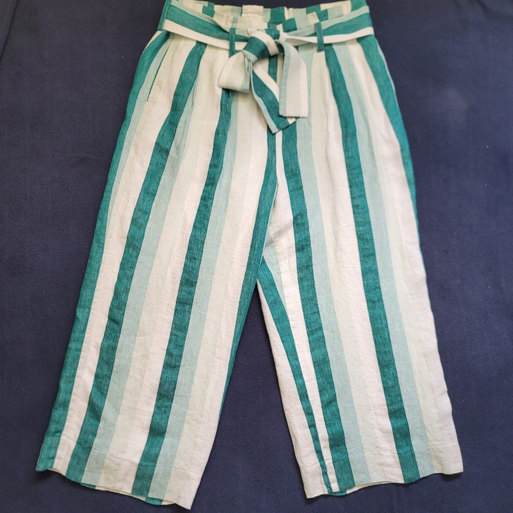 J.CREW Paper Bag Linen Pant In Cabana Stripe Women's Size10 Turquoise Jade White - Picture 2 of 16